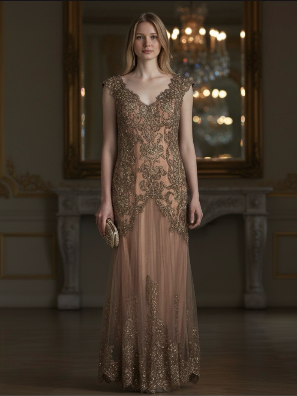 Beaded Champagne Maxi Gown with Scalloped V-Neck